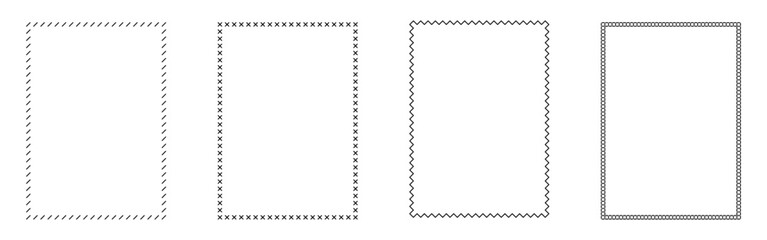 Set of black and white vertical stitched frame borders with various sewing patterns and minimalist style isolated on white background