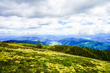 View of the surrounding landscape from the Gerlitzen Alpe. Nature on the Gerlitzen mountain in Carinthia near the Nockberge mountains.
