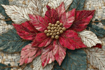 Flower mosaic artwork shows a red and white poinsettia with green leaves against a red background created from small tiles