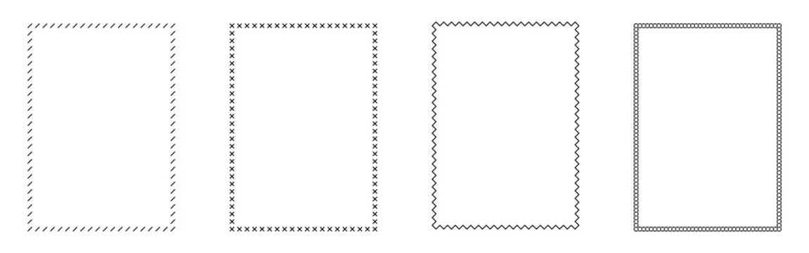 Set of black and white vertical stitched frame borders with various sewing patterns and minimalist style isolated on white background