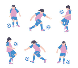 フラットイラスト　サッカーをする女の子　全身