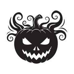 A black silhouette of a carved pumpkin with a scary face and swirling tendrils, isolated on a white background.