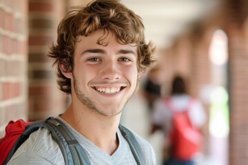 Fototapeta premium Smiling young man standing in school hallway