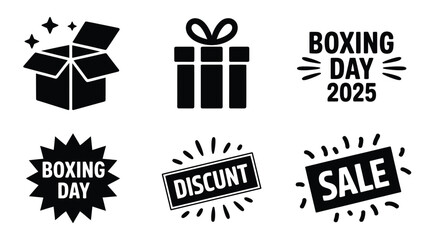 Set of 6 black silhouette illustrations featuring boxing day sale discount gift box and festive stars vector pack vector illustration white background