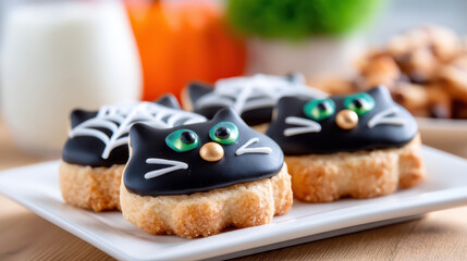 Halloween cookie decorating with black cat and spider web icing on shortbread cookies for festive autumn celebration