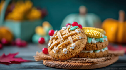 Halloween cookie decorating with autumn theme features cookies shaped like pie and corn with festive fall colors and cozy background