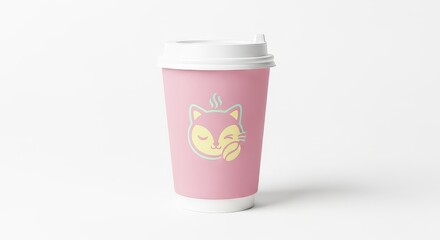 A pink disposable coffee cup with a cute sleeping fox illustration and steam, on a white background.
