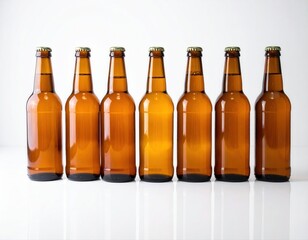Row of brown beer bottles with caps with copy space