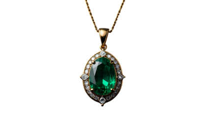 Golden necklace with emerald pendant, surrounded by diamonds. Black background