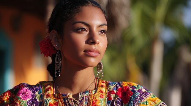 The woman wears a colorful dress featuring intricate embroidery. Her colorful earrings complement the vibrant colors of her colorful attire and embroidery.