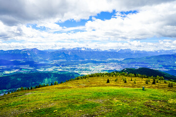 View of the surrounding landscape from the Gerlitzen Alpe. Nature on the Gerlitzen mountain in Carinthia near the Nockberge mountains.
