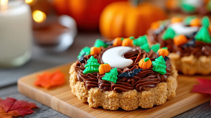 Halloween cookie decorating with chocolate frosting and festive pumpkin and tree shapes on crumbly cookie base creating joyful autumn treat
