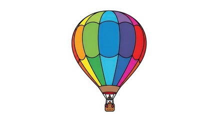 Fototapeta premium Soaring Rainbow: A vibrant hot air balloon ascends against the open sky, its colorful panels painted with a spectrum of hues, symbolizing freedom, adventure, and the pursuit of dreams.