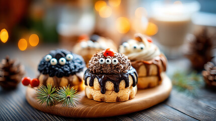 Halloween cookie decorating with spooky eyes and chocolate frosting on wooden board creating festive and fun holiday treats