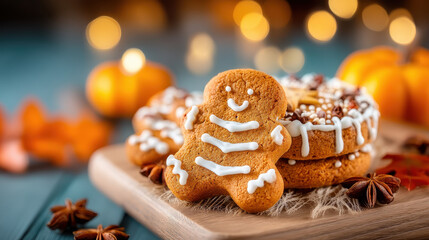 Halloween cookie decorating with gingerbread man cookie and festive autumn background lights and pumpkins creating warm cozy mood