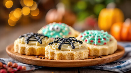 Halloween cookie decorating with spider web icing on round sugar cookie served on wooden plate with pumpkin background