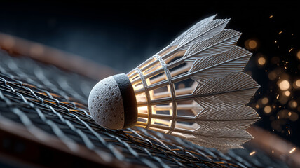 Close-up of a shuttlecock bursting into flight above a racket
