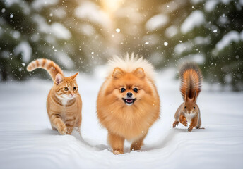 Fototapeta premium Fluffy pomeranian dog running ahead of ginger cat and red squirrel in snowy forest, falling snow, warm sunlight, joyful winter atmosphere, adorable animal friendship