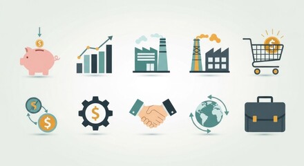 Fototapeta premium A piggy bank with a coin, a factory with smokestacks, a shopping cart with a dollar sign, a gear, a globe, a briefcase, and a hammer
