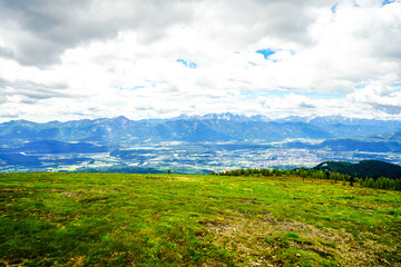 View of the surrounding landscape from the Gerlitzen Alpe. Nature on the Gerlitzen mountain in Carinthia near the Nockberge mountains.
