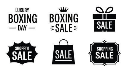 Black silhouette vector illustrations of boxing day and shopping sale badges and icons for commercial use vector illustration white background