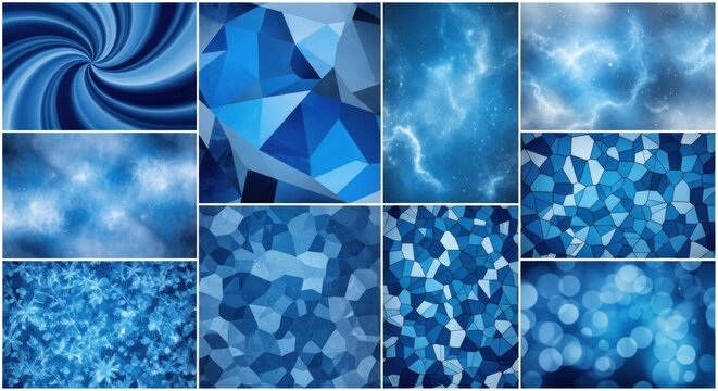 A blue and white abstract digital collage featuring geometric shapes and patterns.
