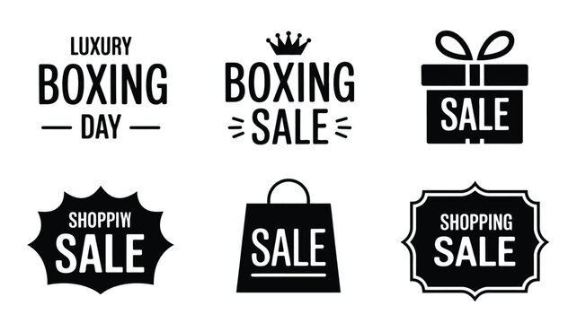 Black silhouette vector illustrations of boxing day and shopping sale badges and icons for commercial use vector illustration white background