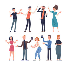 Obraz premium People Character Talking about Something Standing and Speaking Vector Set