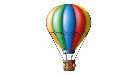 Fototapeta premium A vibrant, colorful hot air balloon with a wicker basket, isolated on a white background, ready for flight and adventure.