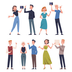 Obraz premium People Character Talking about Something Standing and Speaking Vector Set