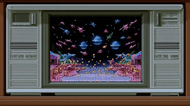 8 Bit Alien. Close Up Gameplay of Retro TV Screen in 2D Shooter Arcade Game - Powered by Adobe