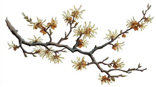 Witch Hazel Illustration. Vintage Line Drawing of Eastern United States Tree Branch