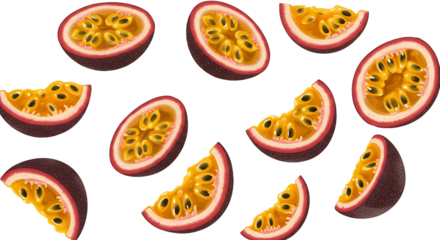 Passion fruit halves on black background tropical fruit illustration pattern