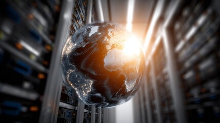 The Earth glows among server racks as the Earth is bathed in soft light. Data streams through the racks while the Earth stands central to digital connectivity.
