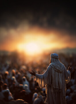Biblical scene of Jesus or Paul speaking to a large crowd at sunrise