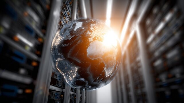 The Earth glows among server racks as the Earth is bathed in soft light. Data streams through the racks while the Earth stands central to digital connectivity.