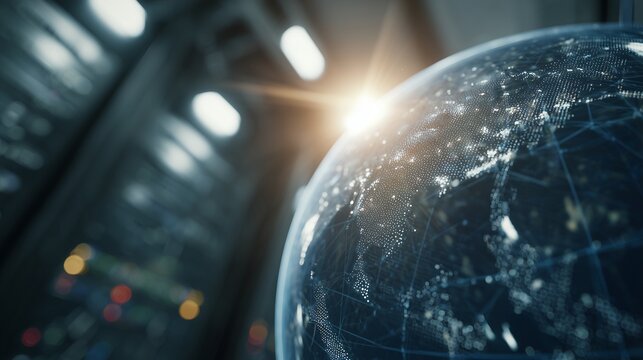 The Earth is highlighted by sunlight as the Earth rotates gently in a data center. Glowing networks connect across the Earth amidst server racks in the data center.