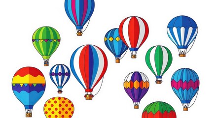 Obraz premium Colorful hot air balloons of various designs floating against a white background, a vibrant illustration.