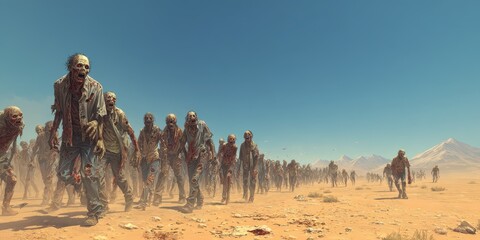 Zombie Horde Crossing Desert Wasteland. Horror Undead Group in Halloween