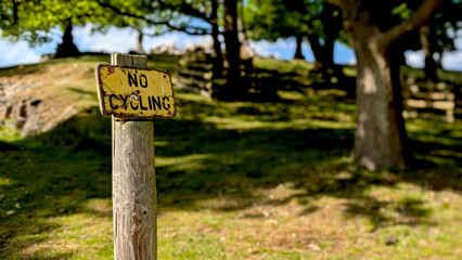 Old faded 'No Cycling' sign on a wooden post in a sunny park or forest setting, useful for safety, rules, or warning concepts