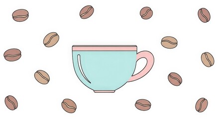 A light blue coffee cup with a pink handle is surrounded by scattered coffee beans on a white background.