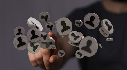 Hand pointing to online network, a symbol of teamwork and social connection. Perfect for business and social media projects.