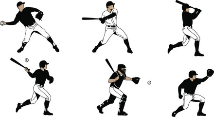Baseball players silhouette vector illustration with pitcher, batter, catcher, fielder in action poses, sports design, American game, athletic competition artwork