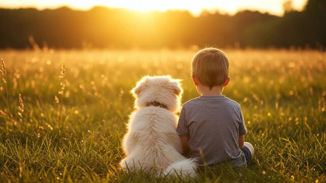 Boy and dog watching sunset in a grassy field at golden hour