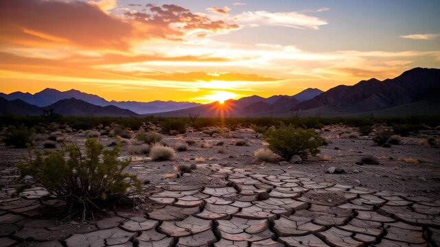 Arid landscape with cracked ground and sparse desert vegetation at vibrant sunset, mountains silhouettes in distance, nature environment