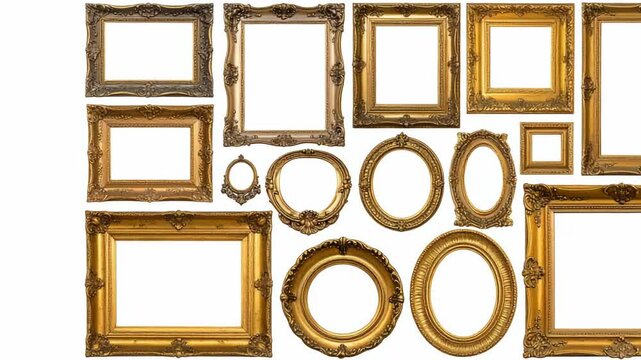 Collection of ornate gold picture frames in various sizes and shapes against a plain white background, different styles
