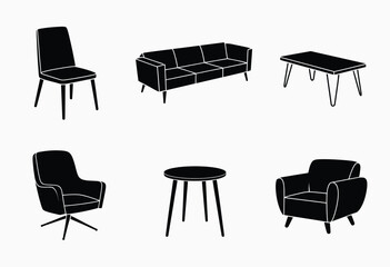 Collection of modern furniture vector icons including sofa armchairs chairs and tables scalable eps graphics vector illustration white background