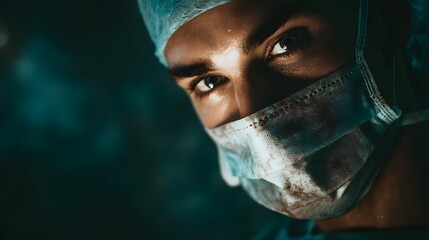 Intense surgeon s eyes peering over a medical mask in a dimly lit operating room conveying focus and pressure