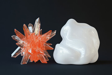 A stunning 3D rendering of a sharp, orange crystalline structure beside a smooth, white organic form, set against a dark background.