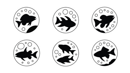 Set of six stylized black silhouette fish illustrations in circles vector scalable eps icon vector illustration white background
